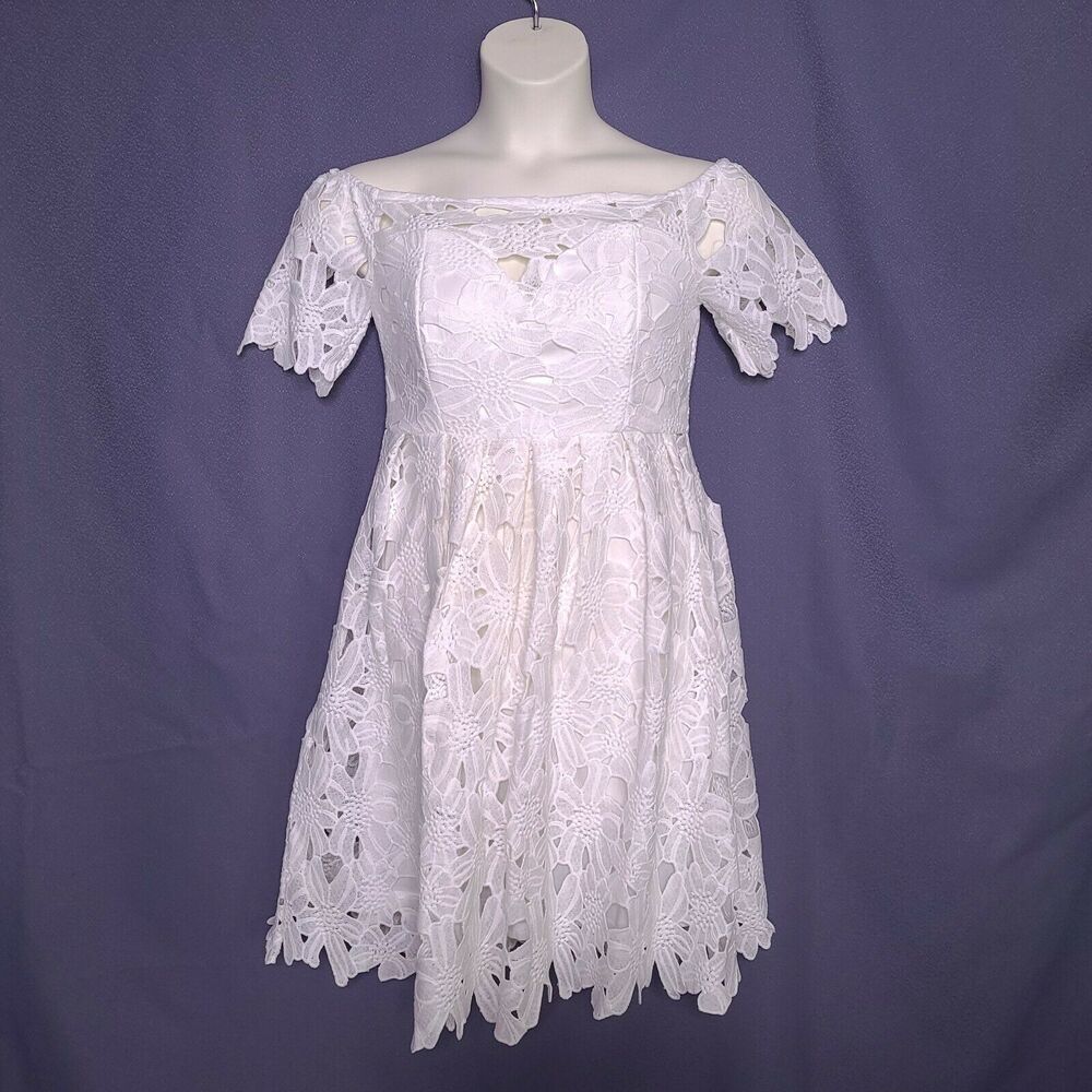 Womens Boohoo Dress SZ 8 White Floral Fit and Flare Off Shoulder
